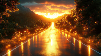 serene sunset view over reflective road surrounded by glowing lights and trees, creating magical atmosphere
