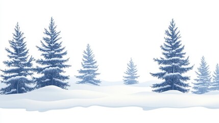 Obraz premium Winter landscape with snow covered pine trees isolated white background, white vector illustration in clipart style. Template concept with copy space. Decorative card or banner design