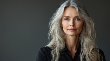 A 70 year old woman wearing a black casual shirt with a gray background presents a realistic style portrait of a modern elderly woman.