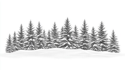 Fototapeta premium Vector winter forest with snow covered pine trees, isolated on white background. Template background concept. Banner or card design with copy space