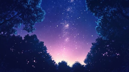 Fototapeta premium A serene night sky filled with stars, framed by silhouettes of trees, evoking tranquility.