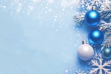 blue christmas background with snowflakes and christmas balls. Copy space backgrounds with generative ai