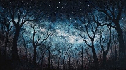 Naklejka premium A serene night sky with a starry backdrop viewed through silhouetted trees.