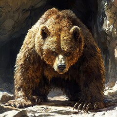 Fototapeta premium Grizzly Bear Emerging From Cave Shadowy Den