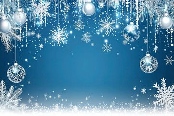 blue christmas background with snowflakes and christmas balls. Copy space backgrounds with generative ai