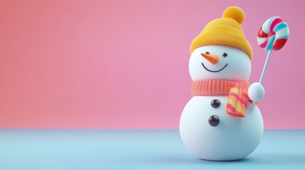 Fototapeta premium snowman holding a candy in colorful background, hyperrealistic
