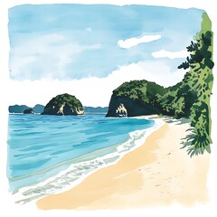 Naklejka premium Watercolor painting of a tranquil beach scene with lush green hills and turquoise water.