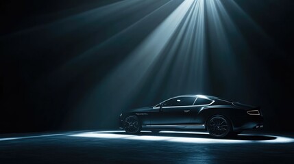 Fototapeta premium A sleek black car illuminated by dramatic lighting in a dark setting.