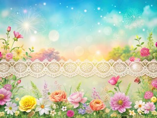 Pastel Floral Landscape, Happiness Banners, Lace Border, Spring Background, Joyful Scenery