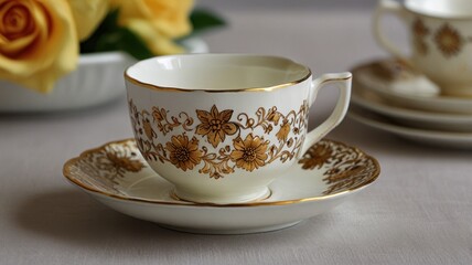 Elegant teacup and saucer with gold floral design, shallow depth of field, yellow roses in background.
