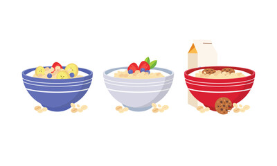 Oatmeal set. Collection of cups of oatmeal porridge with various fruits