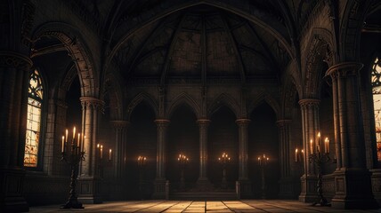 Obraz premium Here's a description and keywords for your image... Dark, gothic cathedral interior with stone columns, stained glass, and candlelight.