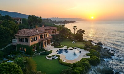 a luxurious mansion with sprawling gardens and an infinity pool blending seamlessly