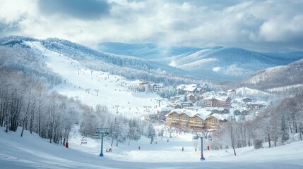 Winter landscape on a wide ski trail with trees on the right and left sides, mountains in the background during a cloudy sky. Landscape background concept for cards or advertising
