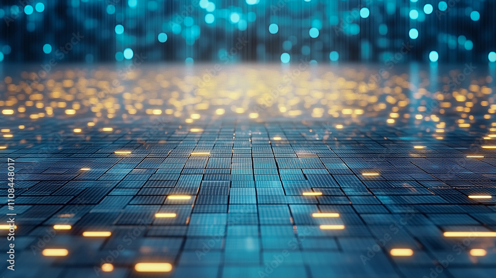 Poster digital terminal with glowing lights placed in futuristic data center with tiled floor