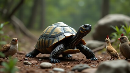 A tortoise coexisting peacefully with other species in its natural habitat, showcasing harmonious wildlife interaction.