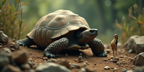 Naklejka premium A tortoise coexisting peacefully with other species in its natural habitat, showcasing harmonious wildlife interaction.