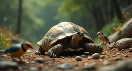 A tortoise coexisting peacefully with other species in its natural habitat, showcasing harmonious wildlife interaction.
