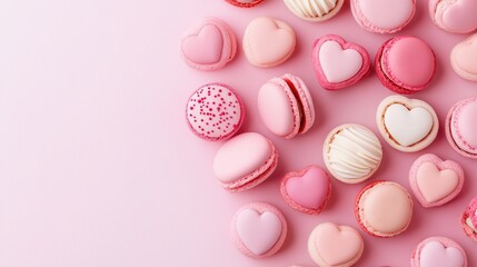 Obraz premium Light Pink Background with Love Hearts and Delicious Pink Macaroons, Perfect for Valentine's Day, Romance, and Sweet Celebrations.