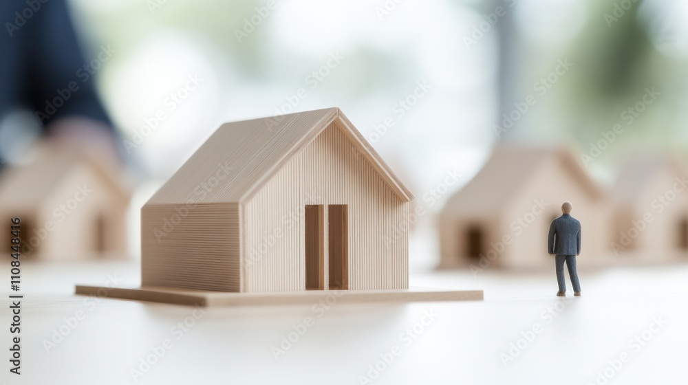 Poster a miniature wooden house model with a small figure stands in focus, symbolizing architecture and des