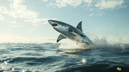Fototapeta premium great white shark leaps out of ocean, showcasing its powerful body and sharp teeth. scene captures beauty and thrill of marine life