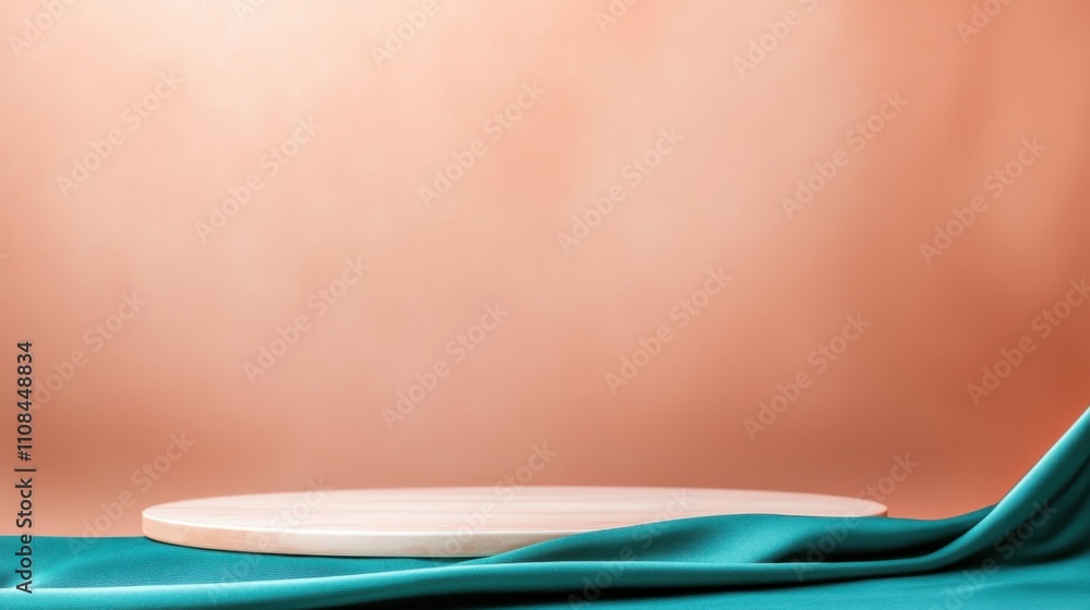 Poster a minimalist scene featuring a circular platform on a smooth surface, draped with teal fabric agains