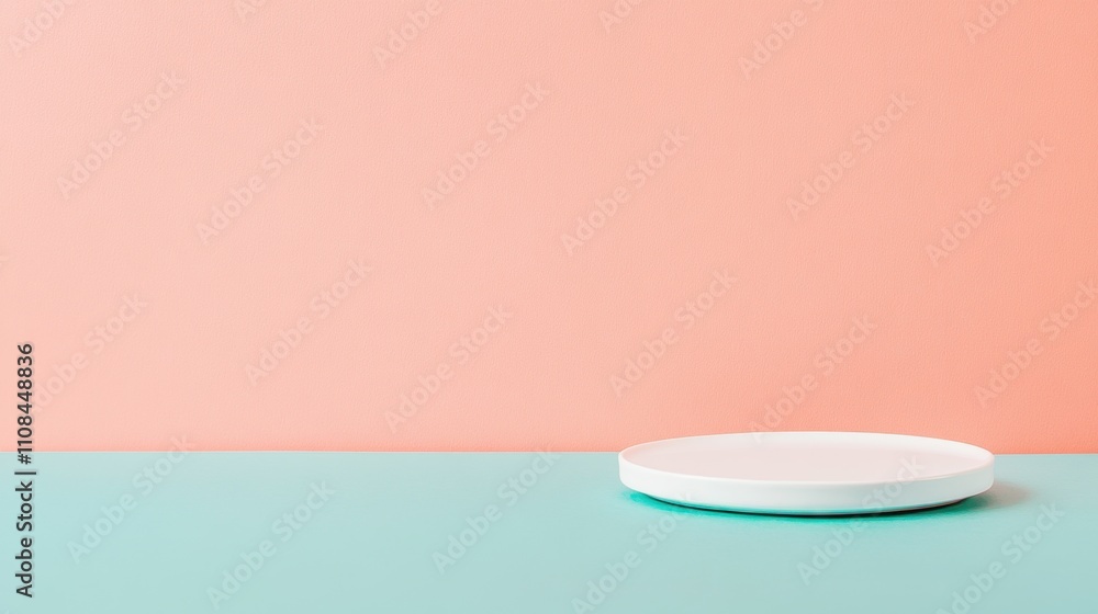 Poster a minimalist image featuring a simple white plate on a turquoise surface, set against a soft peach w