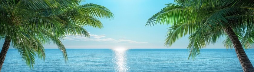 Fototapeta premium Symmetrical tropical palm trees framing a calm ocean, soft light reflecting on the water's surface