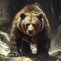 Obraz premium Majestic Grizzly Bear in a Dark Cave Setting