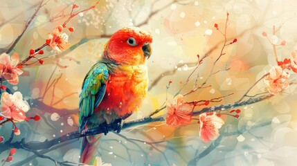 Sun Conure perched on flowering branch.