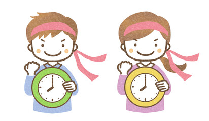 時計を持ってガッツポーズをする子ども