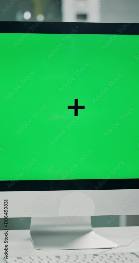 Poster Desktop, green screen and empty office with computer, mock up space and tracking markers. Advertising, closeup and PC monitor for online marketing, creative workspace and digital branding display