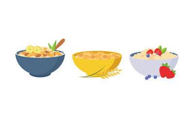 Oatmeal set. Collection of cups of oatmeal porridge with various fruits