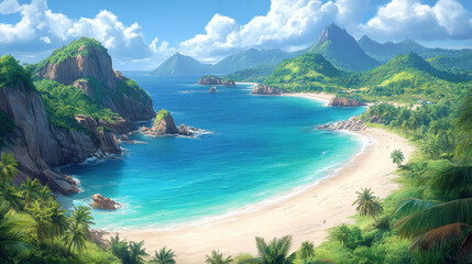 Obraz premium stunning tropical beach scene featuring clear blue waters, lush green mountains, and soft sandy shores. vibrant landscape evokes sense of tranquility and paradise