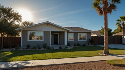 Modern gray house with palm tree and lawn.