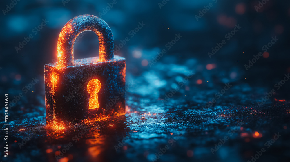 Poster a lock with a keyhole is lit up in the dark. the lock is surrounded by a blue background