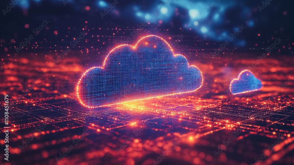 Poster a computer generated image of two clouds with a red and blue glow. the image is of a cityscape with 