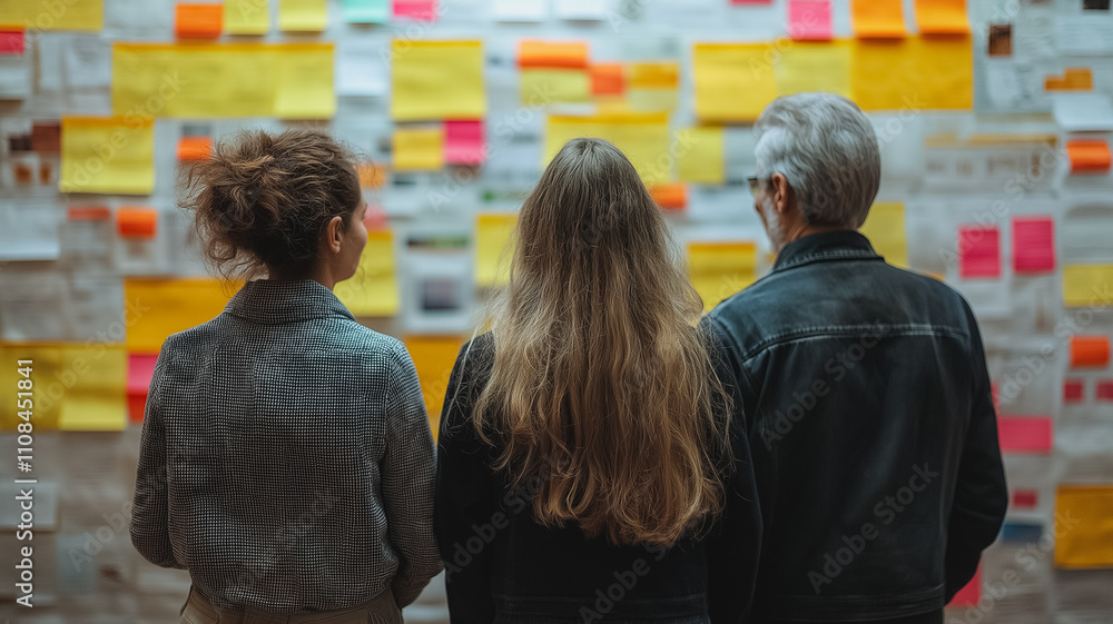Poster three people are looking at a wall covered in colorful sticky notes. the notes are arranged in vario