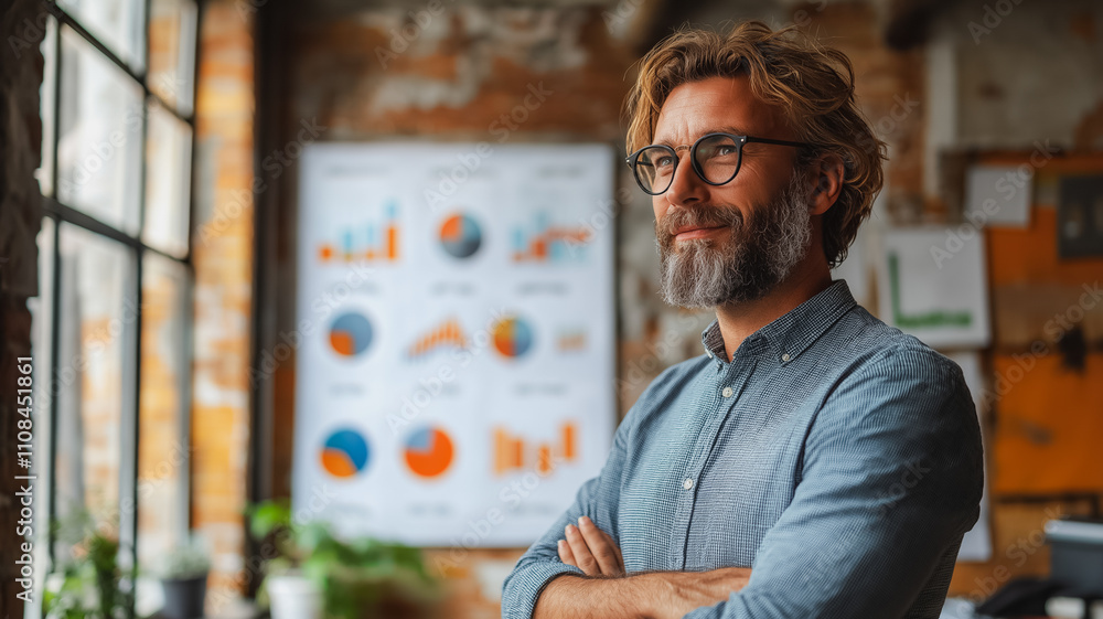 Poster a man with a beard and glasses stands in front of a wall with a large number of graphs