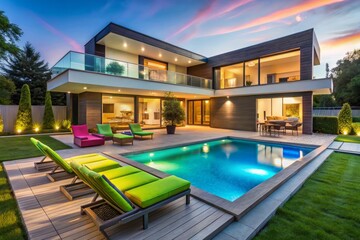 A modern architectural design featuring vibrant neon lighting creating a futuristic aesthetic at dusk