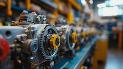 Fototapeta premium A row of engines are on a conveyor belt. The engines are yellow and silver