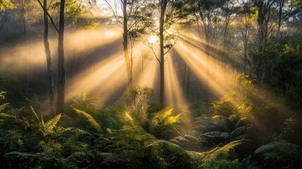 Obraz premium Sunlight beams filtering through a lush forest