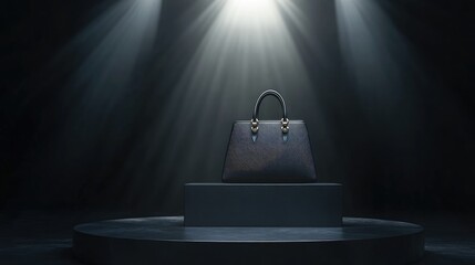 A stylish handbag displayed under dramatic lighting on a pedestal, emphasizing luxury and elegance.