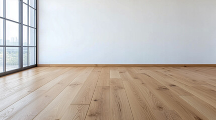Naklejka premium Empty room blank white wall with wood floor, house interior minimal background 