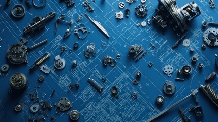 Blueprint background with scattered mechanical components