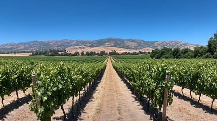 Scenic vineyard with rows of grapevines stretching into the distance under a bright sunny sky