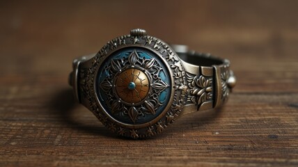 Here's a  and keyword list for your stock photo.. Intricate antique-style wristwatch with ornate metal bracelet and turquoise accents, resting on a wooden surface.