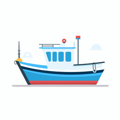 Fototapeta premium Colorful fishing boat docked by the shore with a tranquil background and clear skies