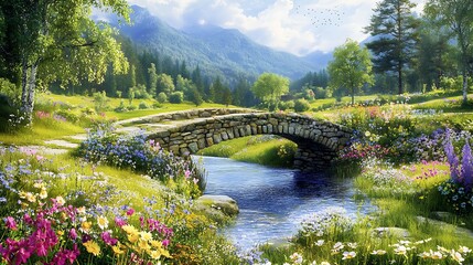 Fototapeta premium Idyllic countryside scene with a stone bridge crossing a gentle river surrounded by wildflowers