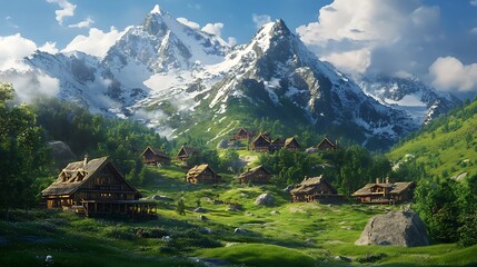 Peaceful mountain village with wooden cottages nestled among green meadows and snowy peaks